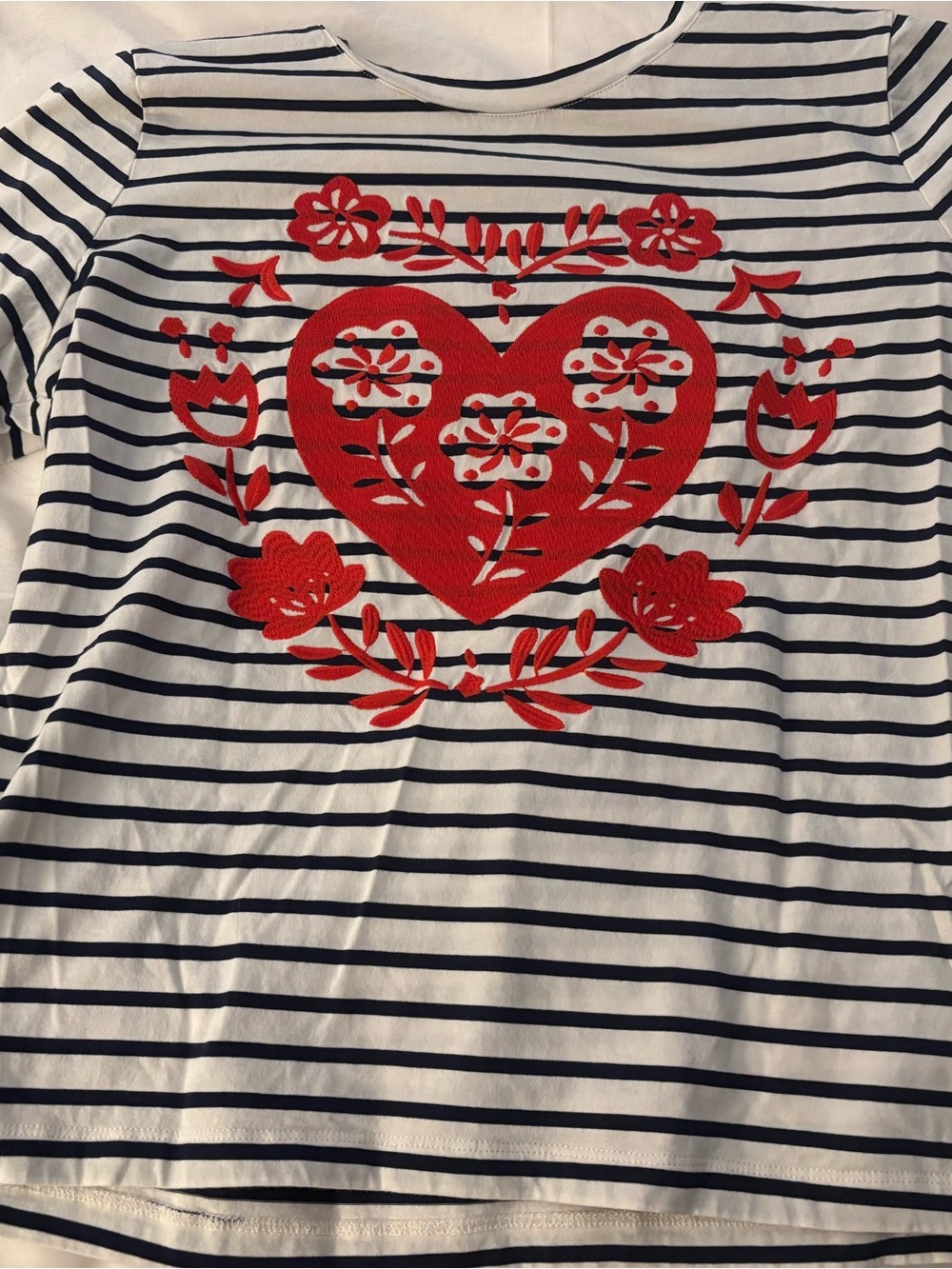 Boden Navy Stripe Long Sleeve Tee with Red Heart Floral Embroidery
